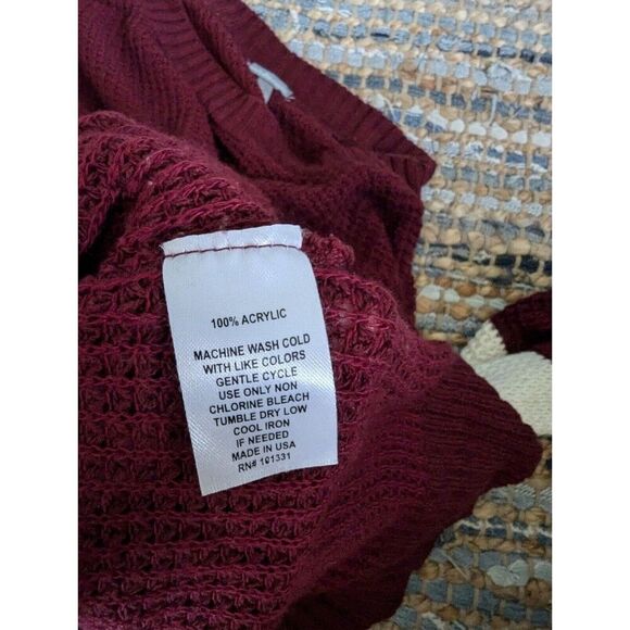 Burgundy Rugby Striped Open Knit High Low Sweater L Round Neck Lightweight Retro - Picture 4 of 8